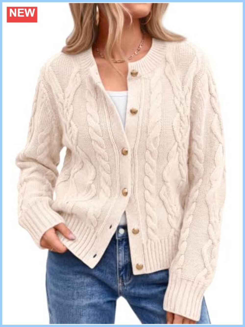 Cable Knit Cardigan Sweater Women Cotton Blend Crew Neck Button Chunky